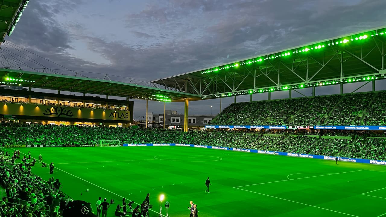 The Austin FC staduim lit up green with nearly 30,000 people in attendance