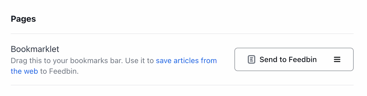 Screenshot of the Send to Feedbin Bookmarklet in the Feedbin admin panel