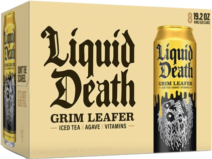 A box of grim leafer from liquid death. The artwork on the can is a melty white illustrated skull on black swimming upwards to dripping golden area with the company branding.