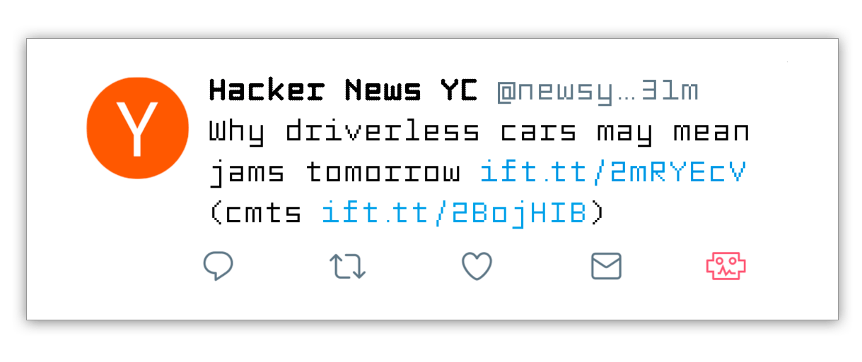 A tweet from a HackerNews bot set in monospaced font with a small red robot icon in the corner
