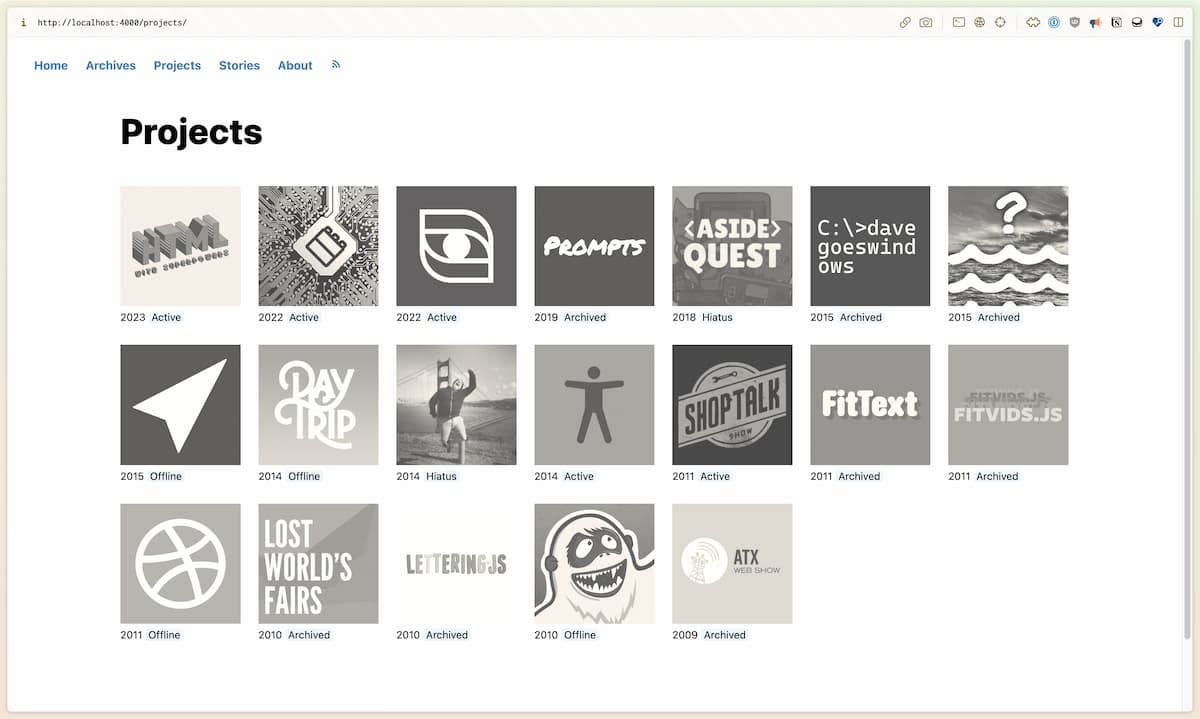 screenshot of my new projects page featuring 19 project icons in a grid