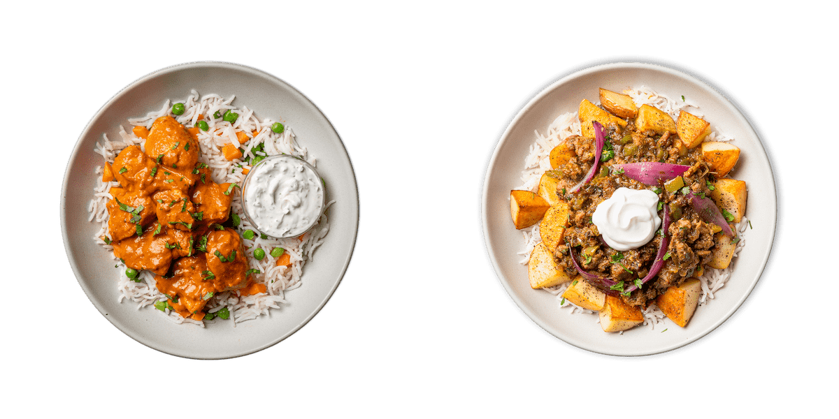 A plate of beautiful beef chile verde on top of rice next to a place of beautiful orange tikka masala on white rice