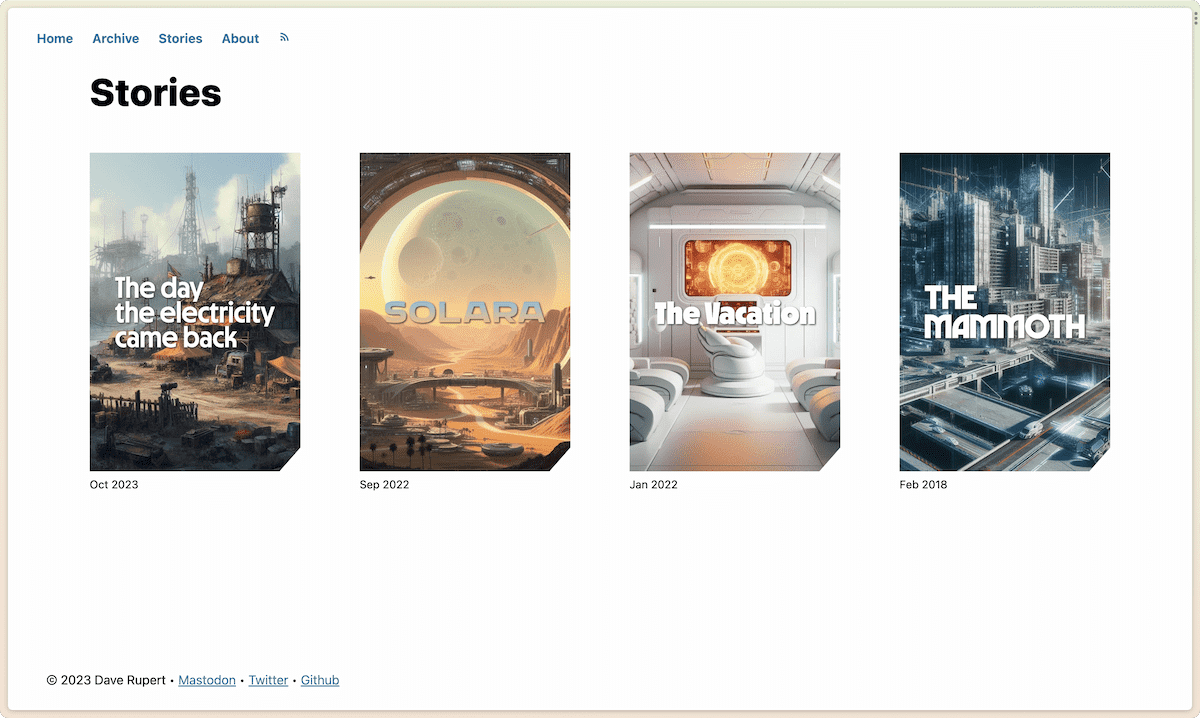 Screenshot of my new stories index page featuring four sci-fi stories with cover art and logos