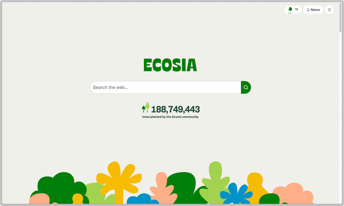 screenshot of the ecosia homepage with a search bar in the middle and playful colors and illustrations at the borders