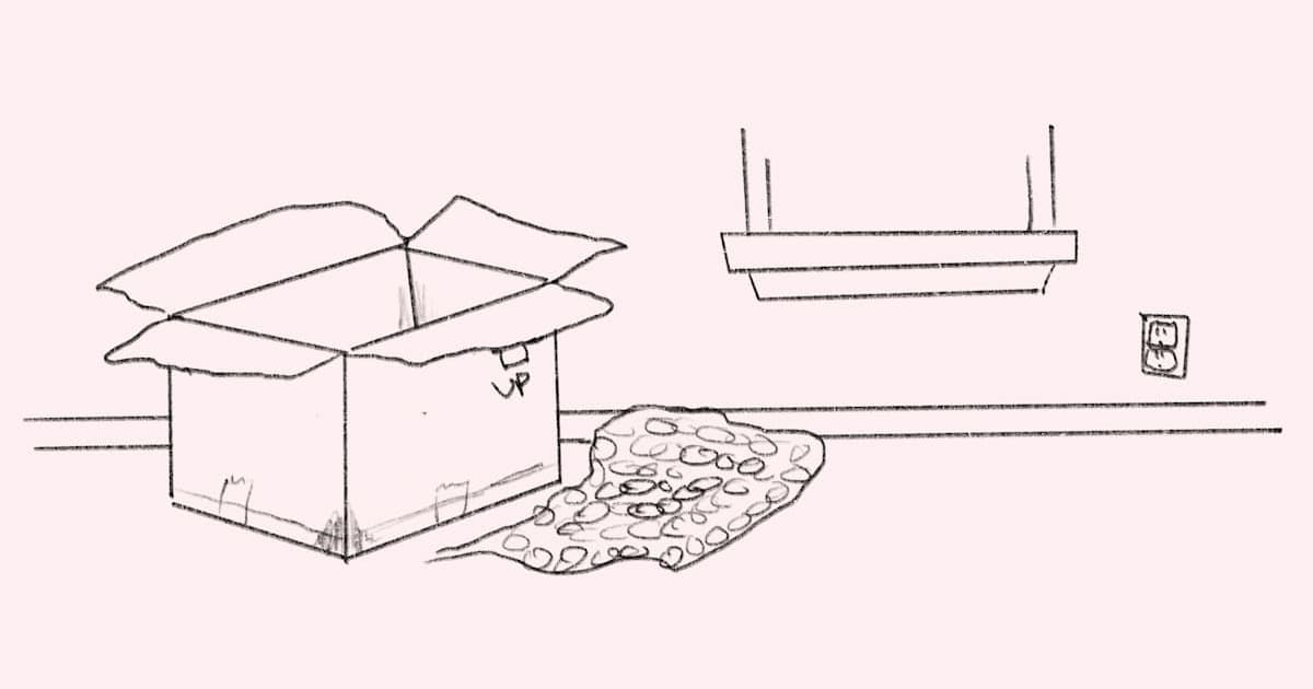 drawing of a cardboard box and some bubble wrap in an empty room