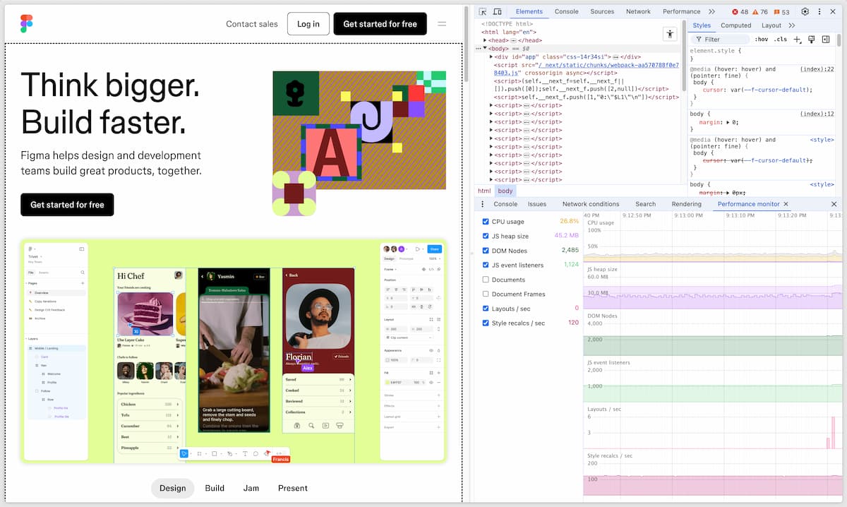 The Figma.com homepage with the performance panel open to the side showing 120 style recalcs per second