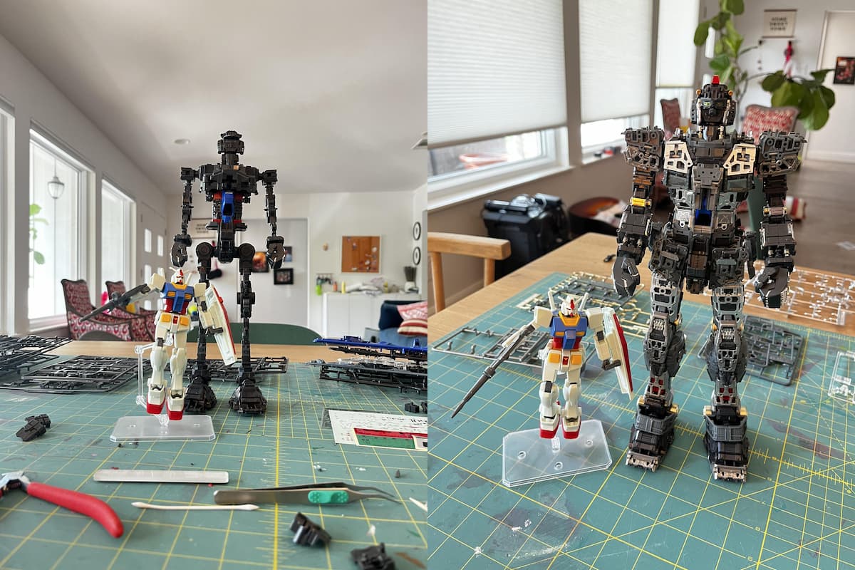 A before and after of the inner frame of the Perfect Grade Unleashed RX-78-2 Gundam plastic model. The inner frame is all black and skinny in the before shot and all black but thick and has metal accents in the after shot. It’s about twelve inches tall and in both shots it’s next to the completed Entry grade version of the same plastic robot model that’s only 5.5 inches tall. 