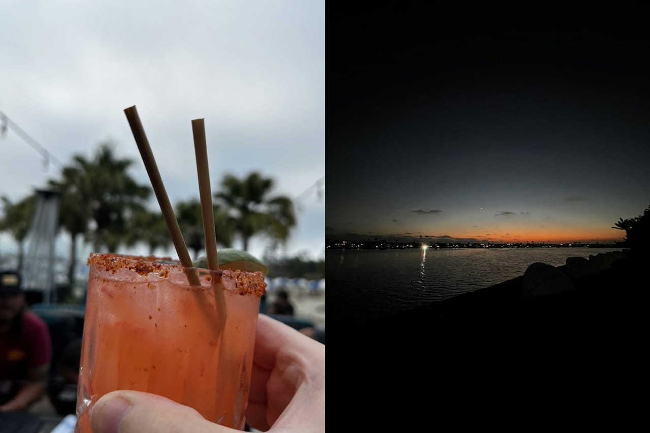 Left: a pink beach drink. Right a dark sunset over Mission Bay San Diego