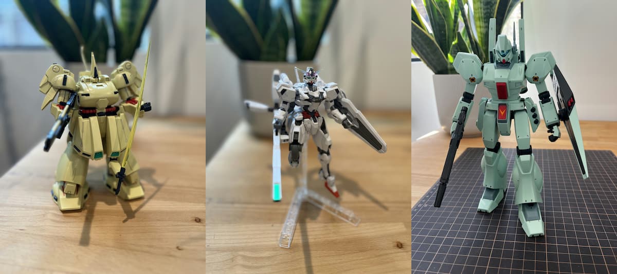 Three plastic model photos side-by-side. A yellow thick robot called 'THE-O', a beautiful nimble white robot called the Calibarn, and an athletic but mass-produced seafoam green mech called the Jegan
