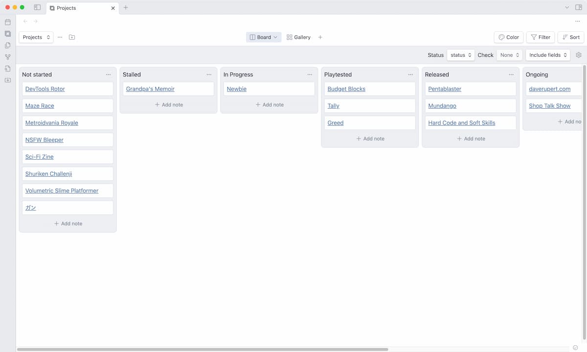 screenshot of a kanban board for side projects