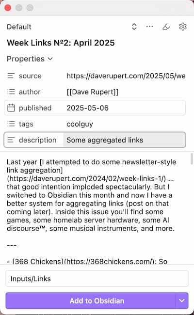The Obsidian Add Item Popup window with fields like title, tags, description, and published date