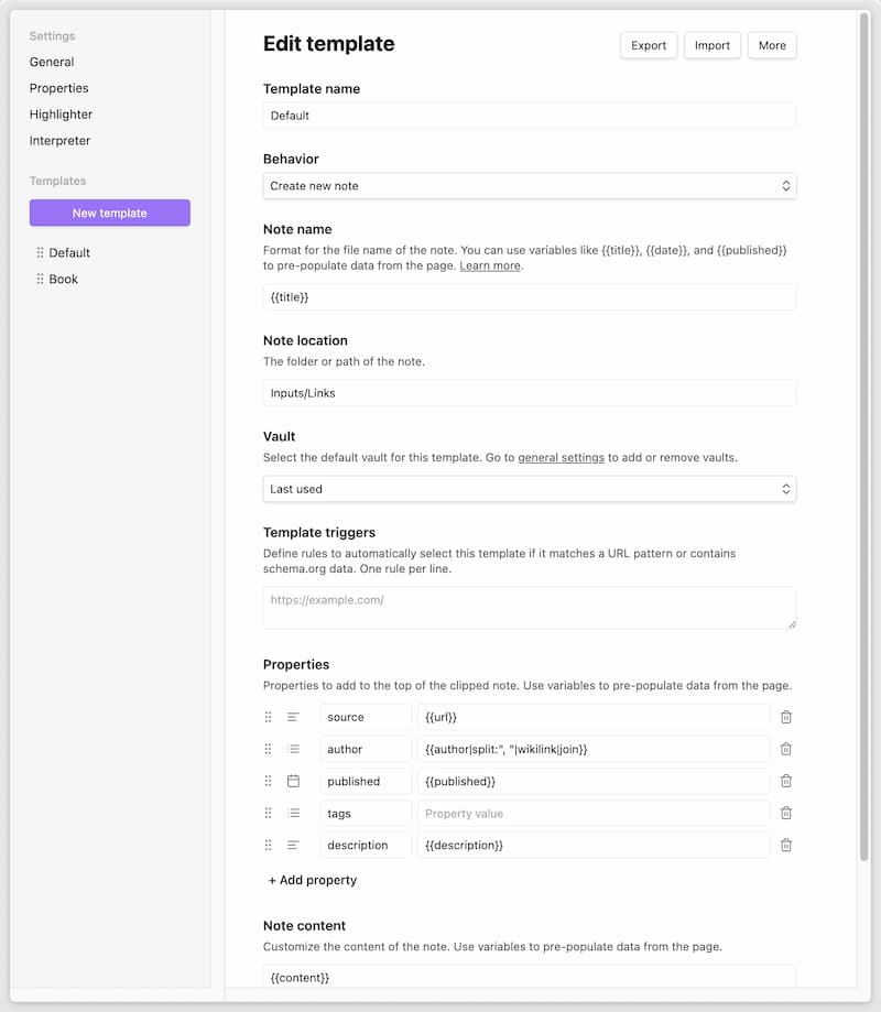 The Obsidian Web Clipper Settings page where you customize the fields you want to see for your link template