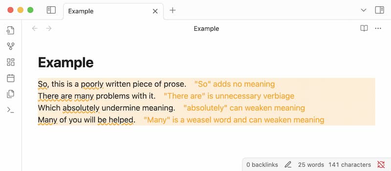 screenshot of a run of text with highlighted erros like “the word so adds no meaning”, “the phrase there is unnecessary”, “absolutely can weaken meaning”, and “many is a weasel word”