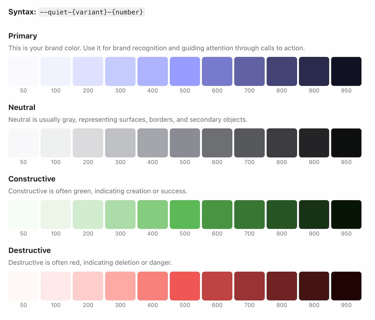 A 10-step color pallette with four tiers cof colors: primary, neutral, constructive, destructive
