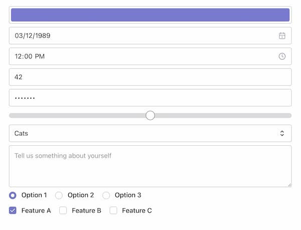 An HTML form with different types of inputs all custom styled