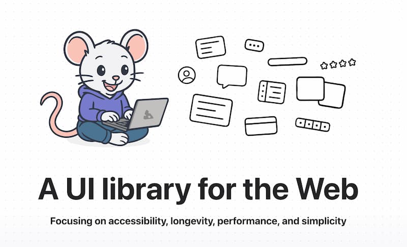From the homepage of Quiet UI, a mouse mascot in a hoodie using a laptop with the text: A UI library for the Web focusing on accessibility, longevity, performance, and simplicity