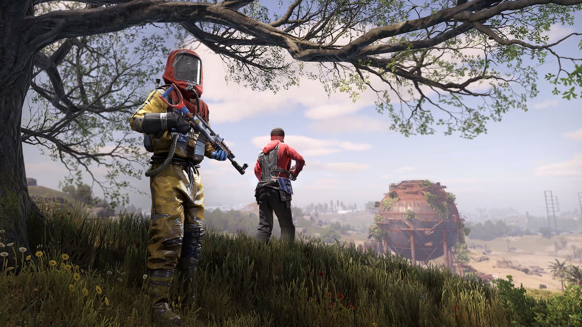 Two survival-ist looking costumed characters with weapons approach a large rusty spherical building