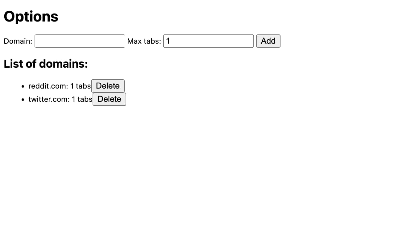 Screenshot of the tablimiter UI, it has unstyled for fields for URL and a tab limit quantity