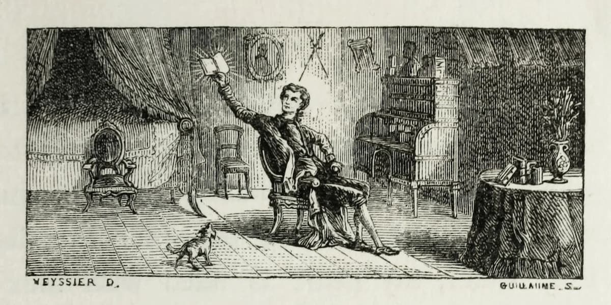 a vintage illustration of a man sitting on a chair in a sparse room holding up a book that appears illuminated. a small dog in the foreground stares at his owner and the book.