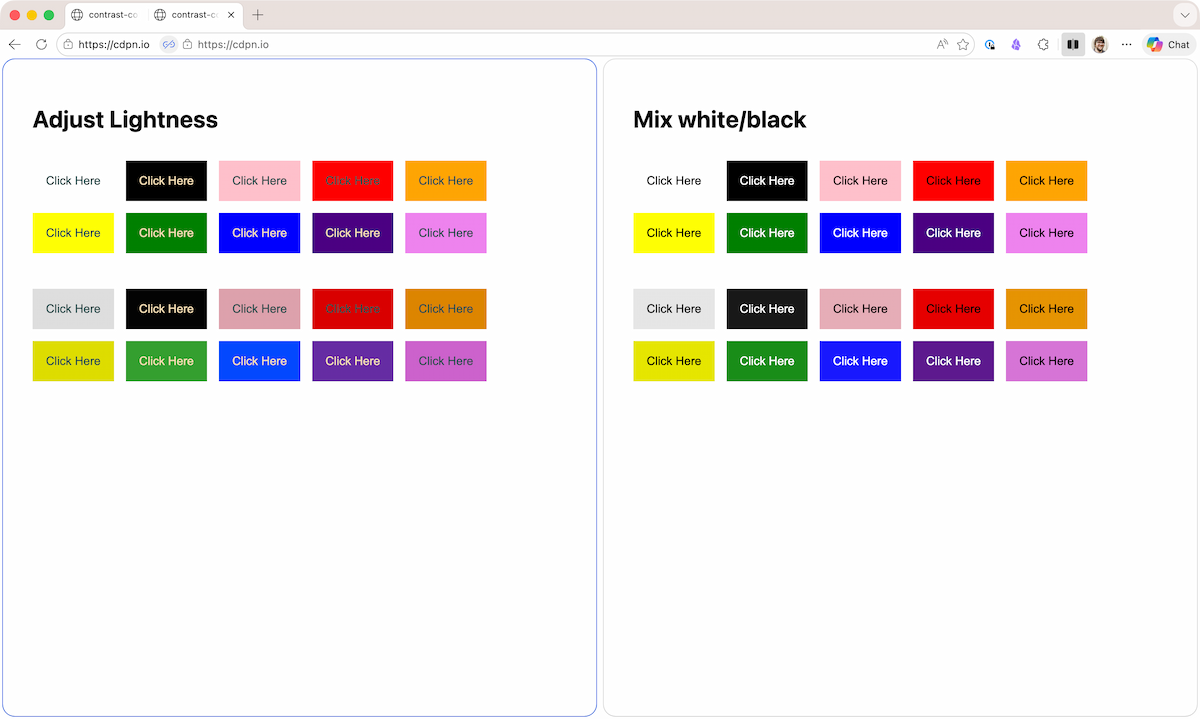 a side by side look at adjusting lightness vs mixing in white and black. the rest for all the buttons is on top and the hover state for all the buttons is on the bottom. The hover states for the buttons on the adjusting lightness demo are a bit warmer, but probably hard to notice to the average person.