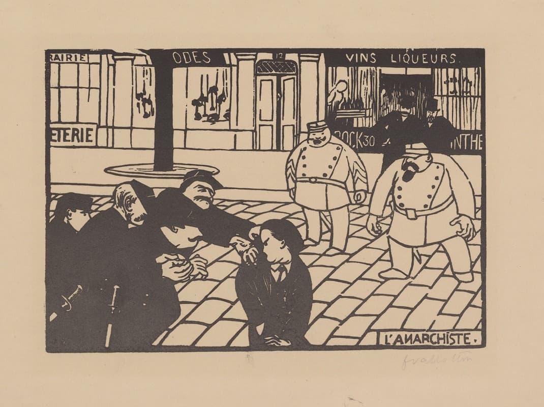 Vintage illustration of two square-ish police men approaching a crowd of people who have grabbed a wanted man.